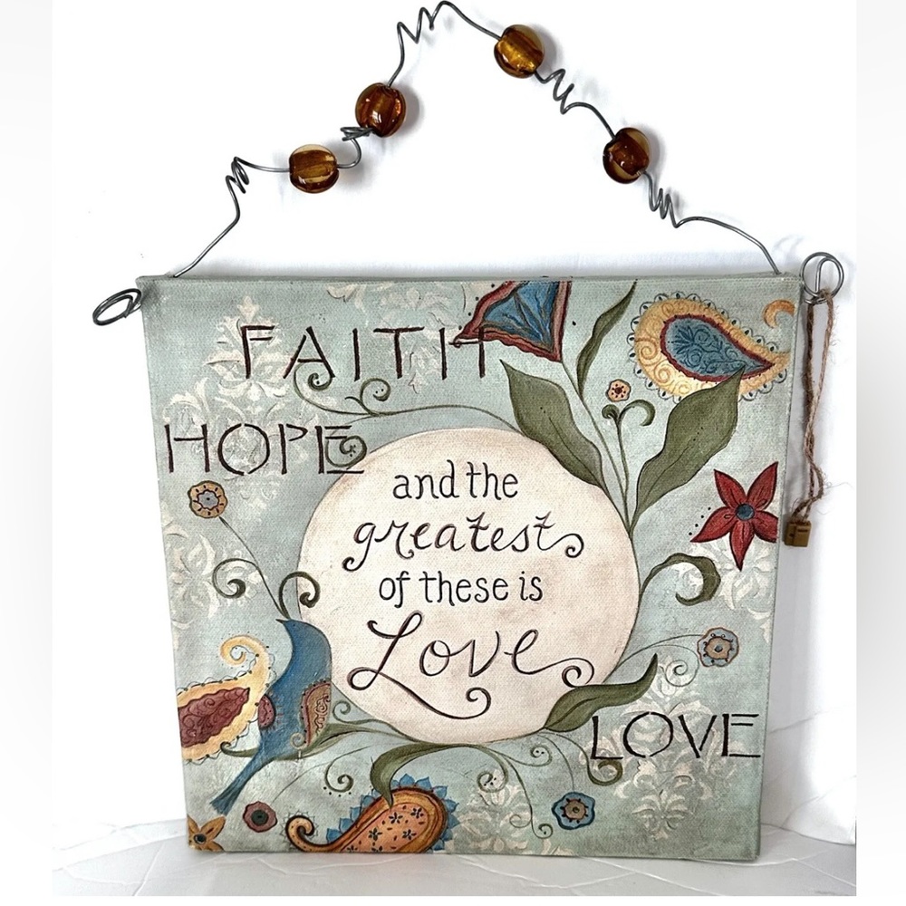 Faith, Hope & Love By Glory Haus 8” X 8” Canvas Art Sign Amber Beaded Hang Wire